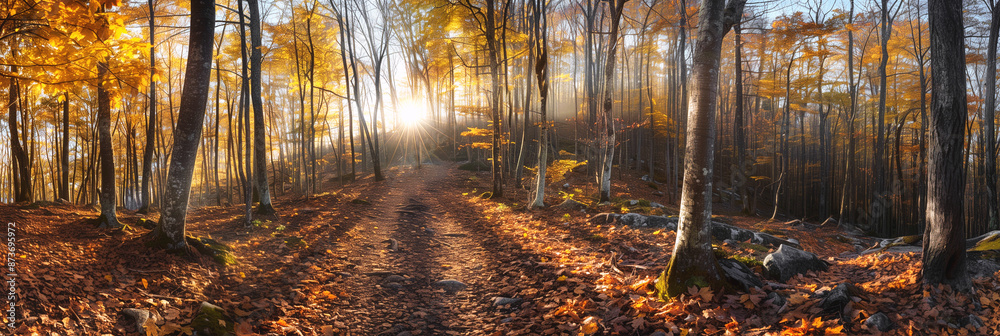Fototapeta Path in the autumn forest, Autumn Mountain Pathway, a serene mountain trail lined with trees in vibrant autumn colors