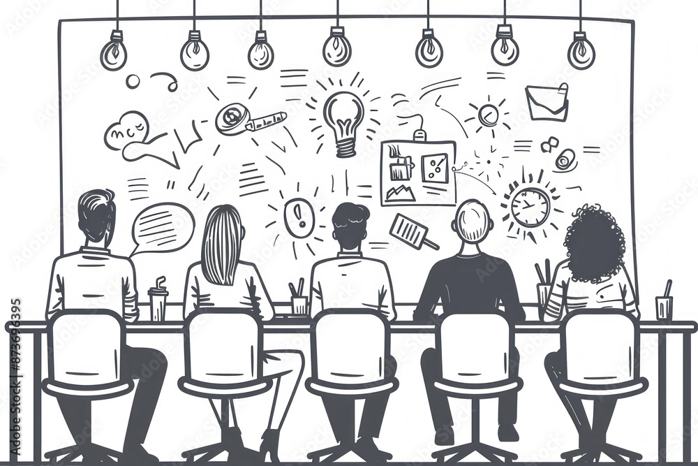 A minimalist line art representation of a group of business people brainstorming in a meeting room, with ideas flowing and sketches on a whiteboard. The simplicity of the lines emphasizes creativity A minimalist line art representation of a group of business people brainstorming in a meeting room, with ideas flowing and sketches on a whiteboard. The simplicity of the lines emphasizes creativity