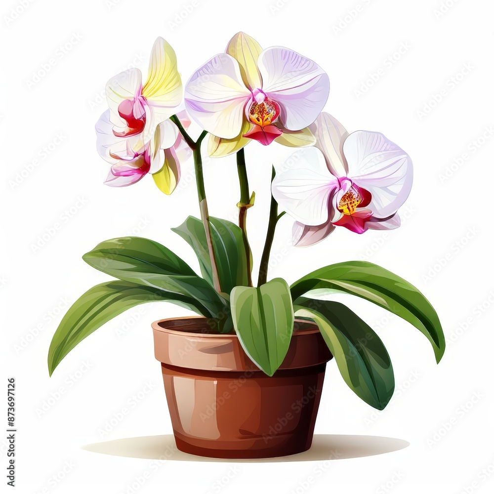 A phalaenopsis-orchid plant in pot vector drawing on white background. A phalaenopsis-orchid plant in pot vector drawing on white background.