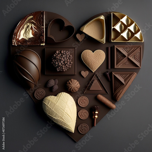 Exquisite assortment of gourmet chocolates arranged in a heart shape, featuring various flavors and textures, including dark, milk, and white chocolate, set against a dark background. Perfect for Vale photo