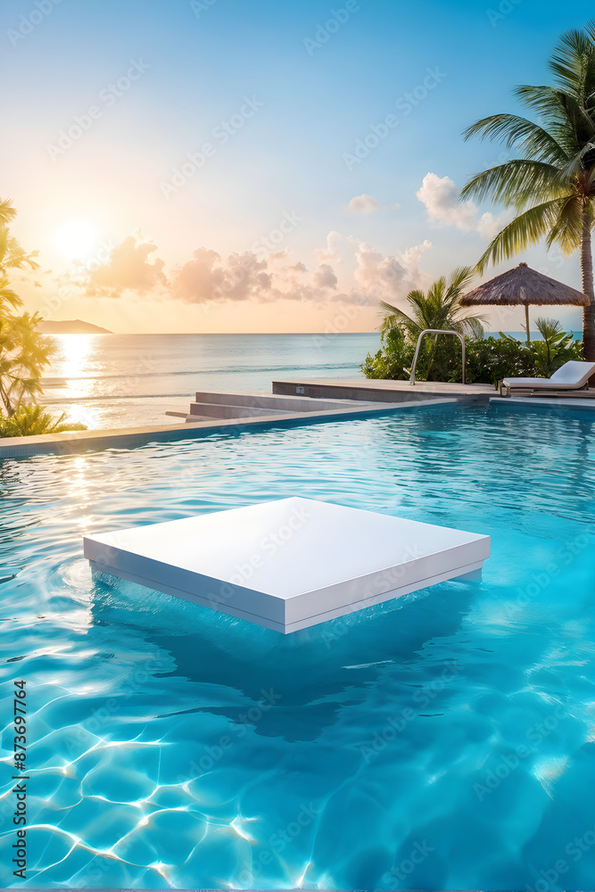 Fototapeta premium Podium stand in luxury swimming pool water with sea and sunset view. Summer background of tropical design product placement display. Hotel resort poolside backdrop