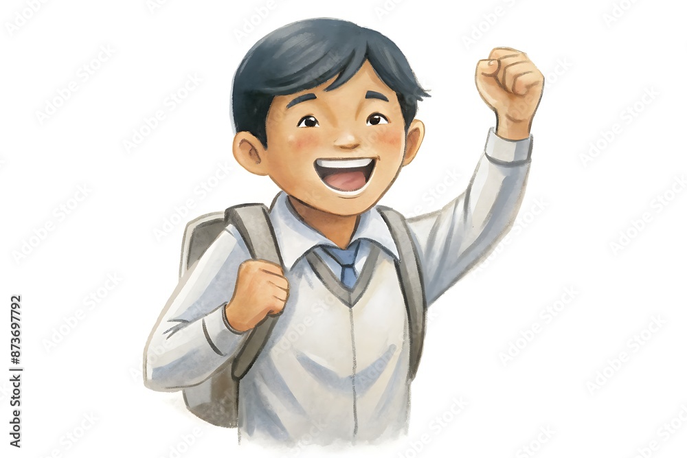 Happy Indonesian teenager in gray and white uniform clutching backpack, beaming with enthusiasm, isolated on a clean white background, conveying a sense of youthful energy. Happy Indonesian teenager in gray and white uniform clutching backpack, beaming with enthusiasm, isolated on a clean white background, conveying a sense of youthful energy.