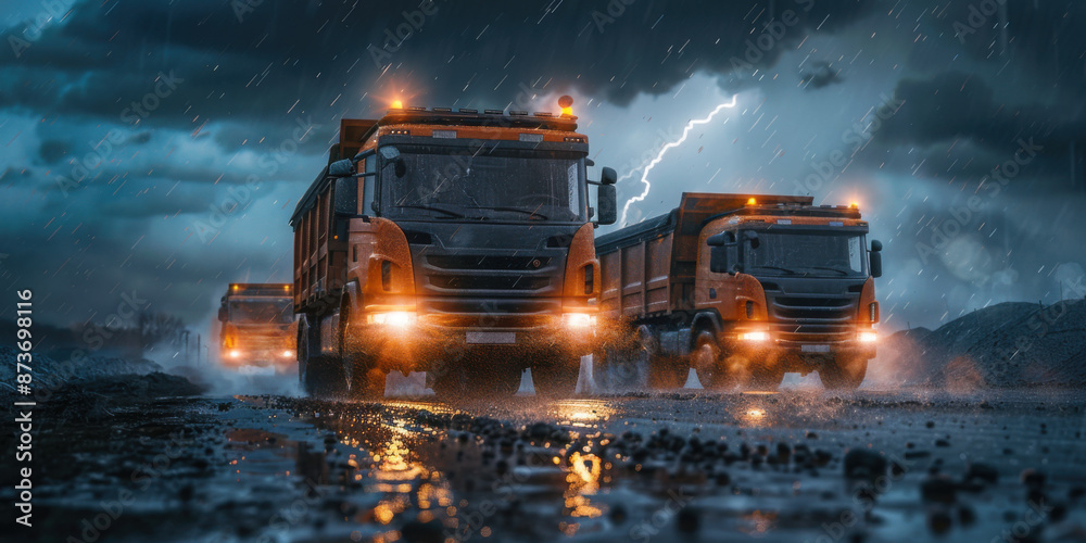 Several trucks drive through a stormy night with lightning flashing in the sky and rain on the road. Several trucks drive through a stormy night with lightning flashing in the sky and rain on the road.