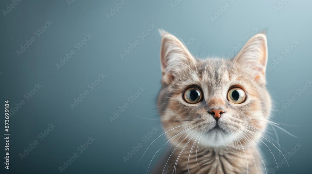 Close-up of a curious tabby kitten with wide eyes looking directly at the camera against a soft blue background. Close-up of a curious tabby kitten with wide eyes looking directly at the camera against a soft blue background.