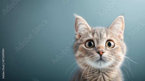 Close-up of a curious tabby kitten with wide eyes looking directly at the camera against a soft blue background.