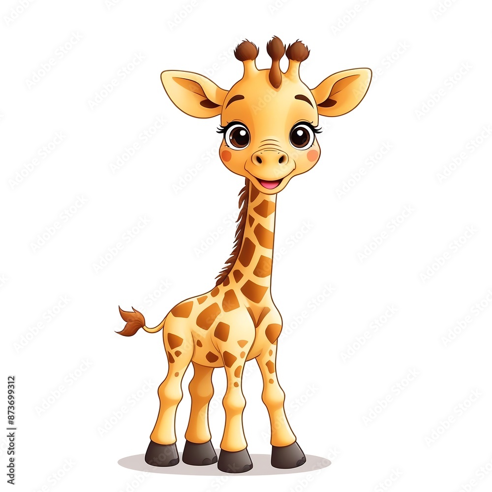 Obraz premium Cartoon giraffe with big eyes and brown spots. Suitable for childrens books, nursery decor, stationery, and educational materials.