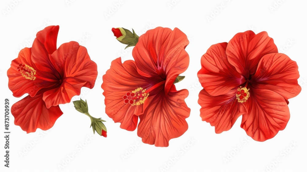 Three Vibrant Red Hibiscus Flowers
