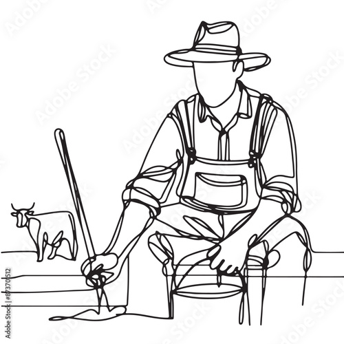 farmer farming one line art drawing continuous vector illustration, isolated on transparent background