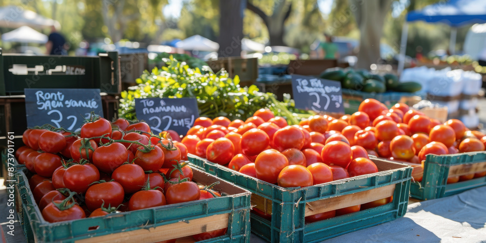 Baskets of ripe red tomatoes displayed at an outdoor farmers market, surrounded by other fresh produce and greenery. Baskets of ripe red tomatoes displayed at an outdoor farmers market, surrounded by other fresh produce and greenery.