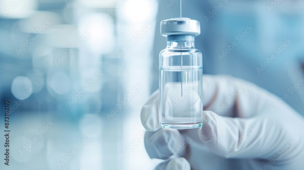 Close-up of gloved hand holding a vial with a needle. Medical research, healthcare, and vaccination concept with a blue background. Close-up of gloved hand holding a vial with a needle. Medical research, healthcare, and vaccination concept with a blue background.