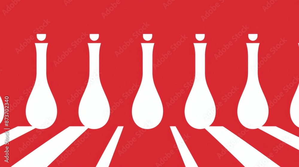 A row of white bowling pins sits on a red and white striped background, Minimal 50s geometric design with abstract bowling pins in flat style A row of white bowling pins sits on a red and white striped background, Minimal 50s geometric design with abstract bowling pins in flat style