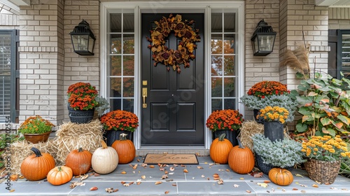 Charming fall doorstep decoration with pumpkins, flowers, and wreath. Perfect autumn decor inspiration for creating a welcoming entrance.