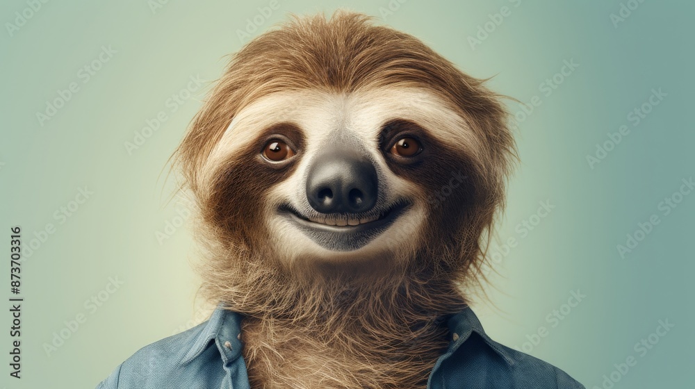 Smiling Sloth in Denim Shirt. Funny Portrait for Animal Lovers Smiling Sloth in Denim Shirt. Funny Portrait for Animal Lovers