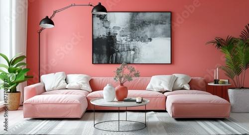 Modern Living Room With Pink Sofa and Red Wall