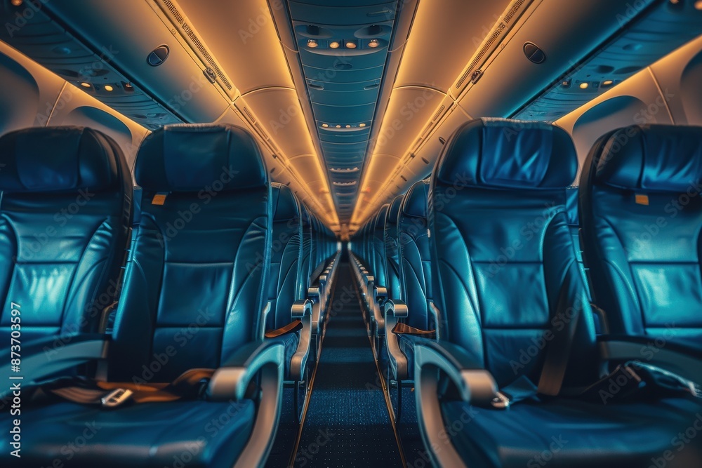 A plane with many blue leather seats A plane with many blue leather seats