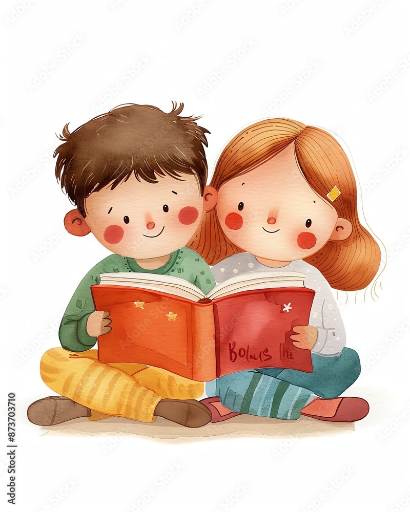 Illustration of two happy kids reading a book together, seated on the floor, enjoying a moment of learning and bonding. Illustration of two happy kids reading a book together, seated on the floor, enjoying a moment of learning and bonding.