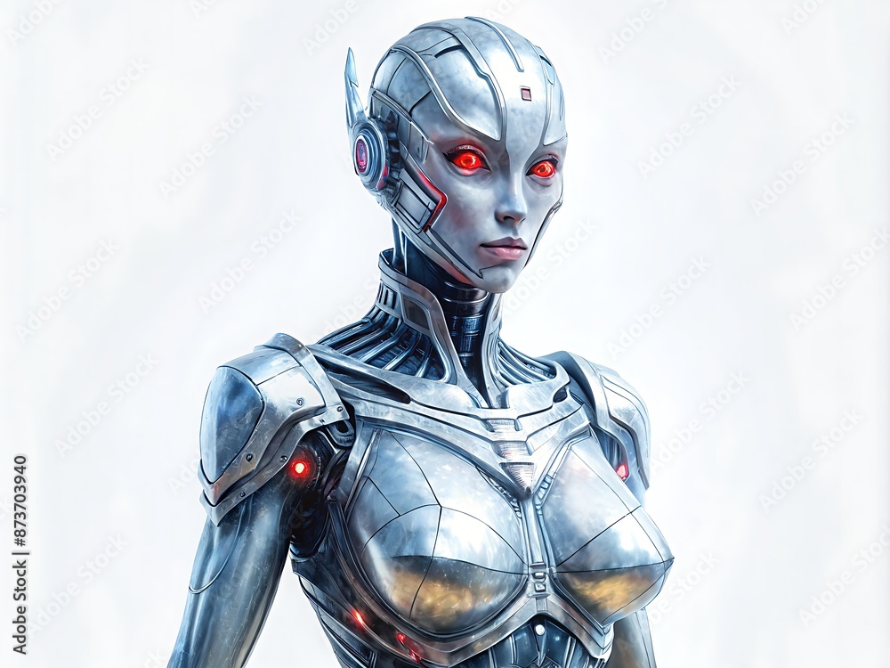 Futuristic android female robot with glowing red eyes and sleek metallic body, representing artificial intelligence and advanced technology in a dark blurred background. Futuristic android female robot with glowing red eyes and sleek metallic body, representing artificial intelligence and advanced technology in a dark blurred background.