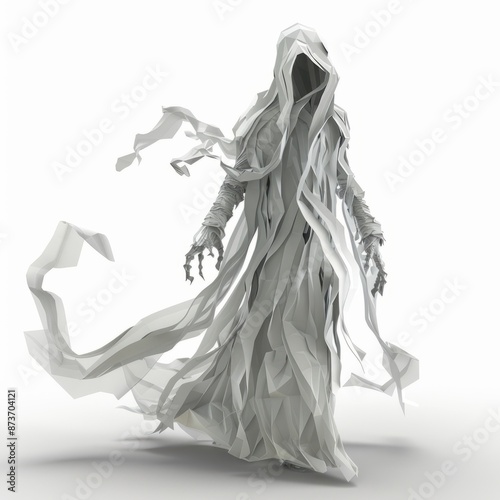 3D Render of a Low Poly mysterious banshee with flowing hair and tattered robes, on isolated white background, Generative AI