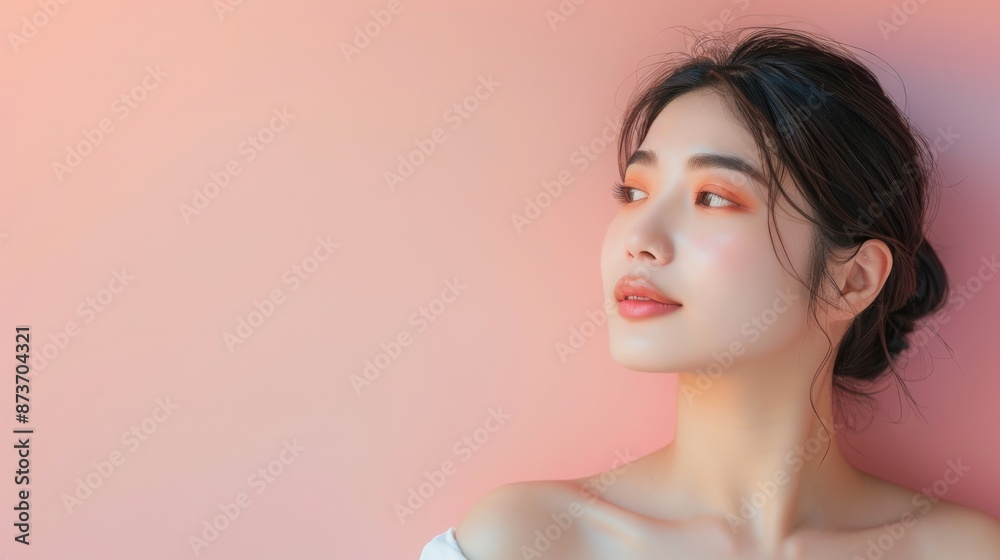 Fototapeta premium Portrait of a beautiful young Asian woman with a clean and fresh look on a pink background. Concept of skincare, cosmetics, beauty and wellness.