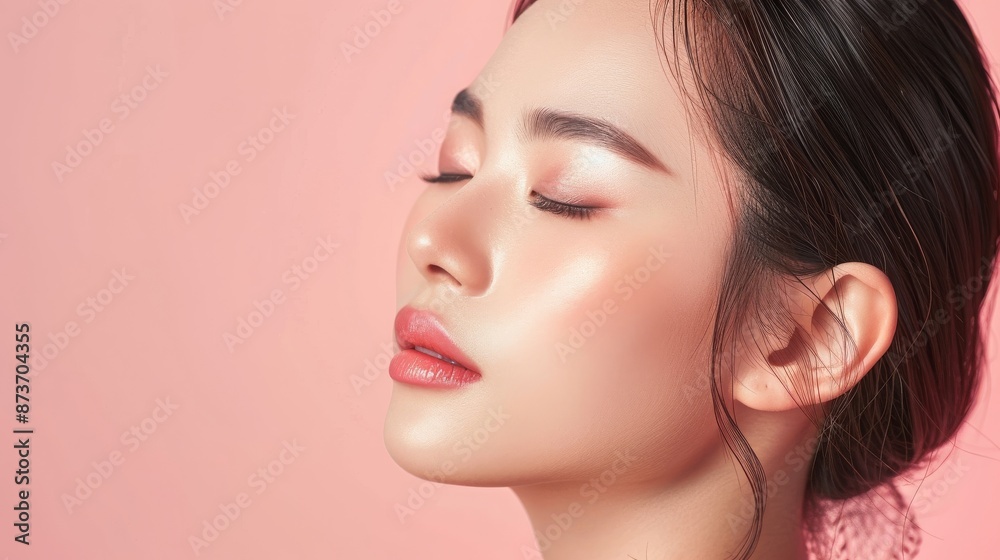Portrait of beautiful young Asian woman with flawless skin, delicate makeup, and radiant complexion. Concept of skincare, beauty, cosmetics, and wellness. Portrait of beautiful young Asian woman with flawless skin, delicate makeup, and radiant complexion. Concept of skincare, beauty, cosmetics, and wellness.