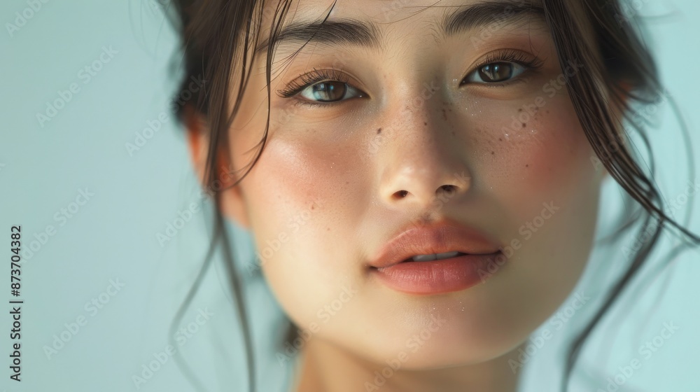 Close-up beauty portrait of a young Asian woman with flawless skin, natural makeup, and freckles. Concepts of skincare, beauty, wellness, and cosmetics. Close-up beauty portrait of a young Asian woman with flawless skin, natural makeup, and freckles. Concepts of skincare, beauty, wellness, and cosmetics.