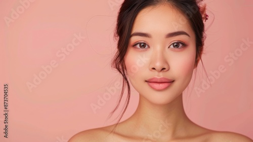 Portrait of a beautiful young Asian woman with clear skin on a pink background. Concepts. beauty, skincare, cosmetics, wellness, and natural beauty.
