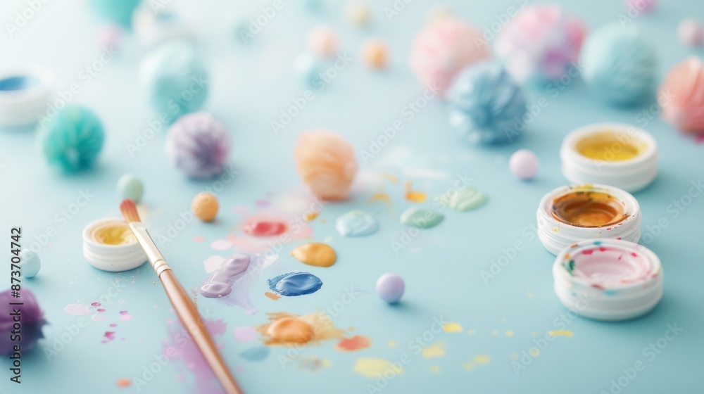 Colorful art supplies with a paintbrush and pastel craft materials on a light blue background, perfect for creating DIY and crafts projects. Colorful art supplies with a paintbrush and pastel craft materials on a light blue background, perfect for creating DIY and crafts projects.