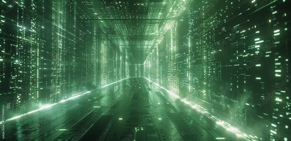 Digital Green Corridor of Binary Code With Bright Light at the End Digital Green Corridor of Binary Code With Bright Light at the End