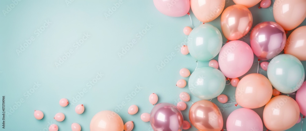 Colorful balloons and small balls arranged on a light blue background, perfect for party, celebration, or festive event themes. Colorful balloons and small balls arranged on a light blue background, perfect for party, celebration, or festive event themes.