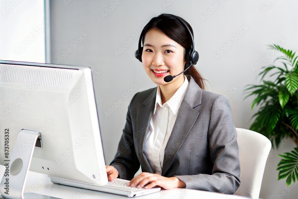 Asian Female Call Center Worker Smiling at Desk
Asian Female Call Center Worker Smiling at Desk