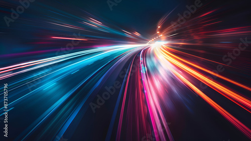 Abstract Speed light trails effect path, fast moving neon futuristic technology background, future virtual reality, motion effect, curve of neon bright, highway speed light