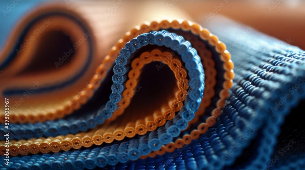 A detailed close-up of colorful rolled mats, showcasing their intricate texture and vibrant colors in an artistic composition. A detailed close-up of colorful rolled mats, showcasing their intricate texture and vibrant colors in an artistic composition.