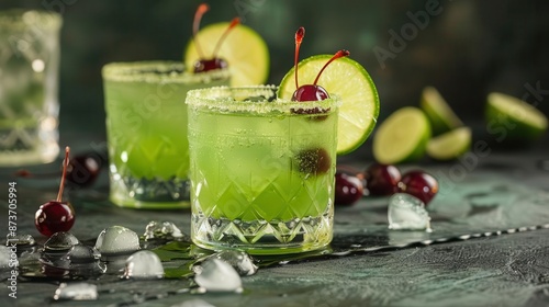 Midori sour with lime and cherry, Saint Patricks Day cocktail, sweet and tangy