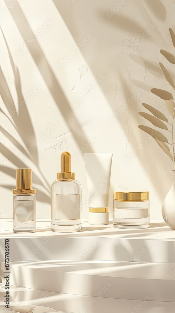 A set of four beauty products are displayed on a white pedestal. The products include a bottle of lotion, a bottle of perfume, a bottle of facial cream, and a bottle of toner