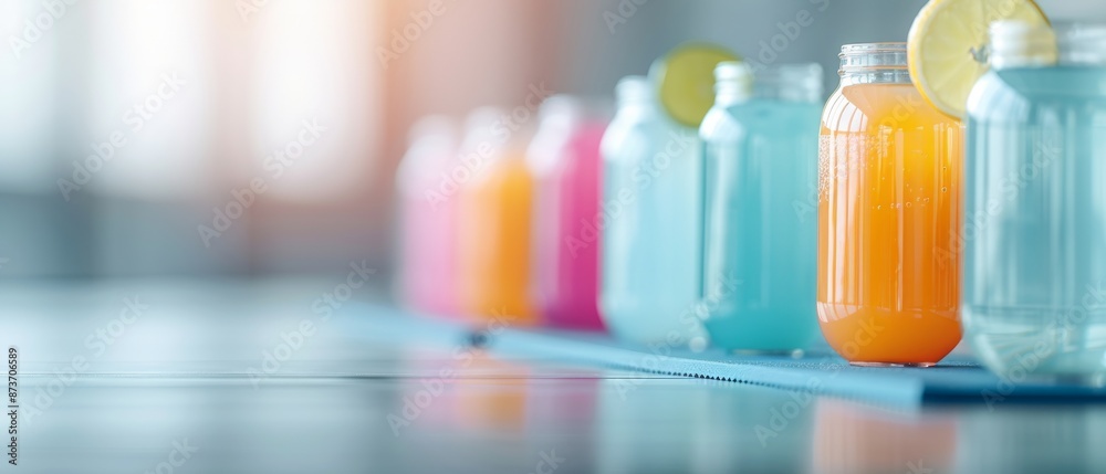 Colorful plastic bottles of refreshing drinks with a slice of lemon on a blue surface, perfect for summer and hydration themes. Colorful plastic bottles of refreshing drinks with a slice of lemon on a blue surface, perfect for summer and hydration themes.