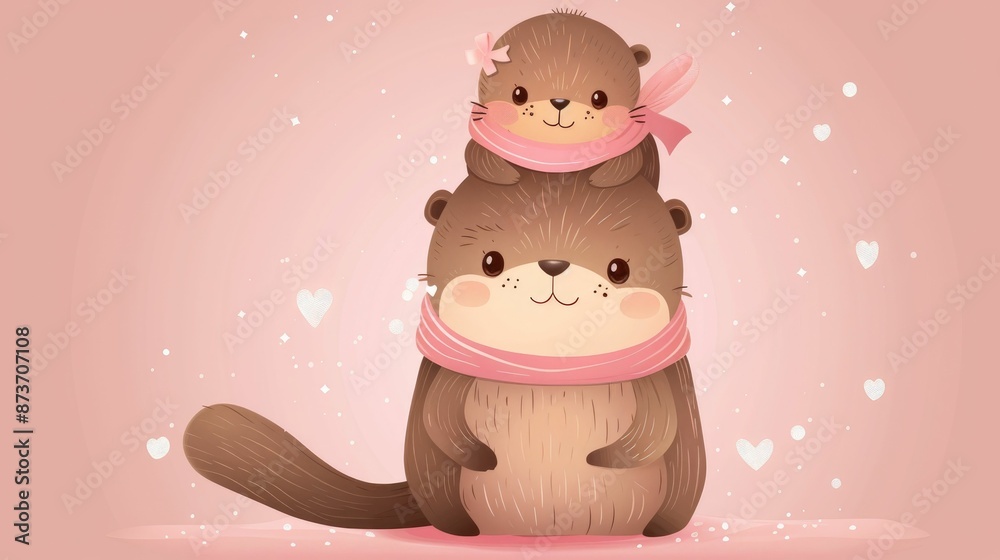 Fototapeta premium Cute illustration of two otters, one big and one small, with pink scarves on a pink background with hearts.