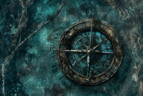 Artistic rendering of an old compass atop a vintage map texture, symbolizing navigation and adventure