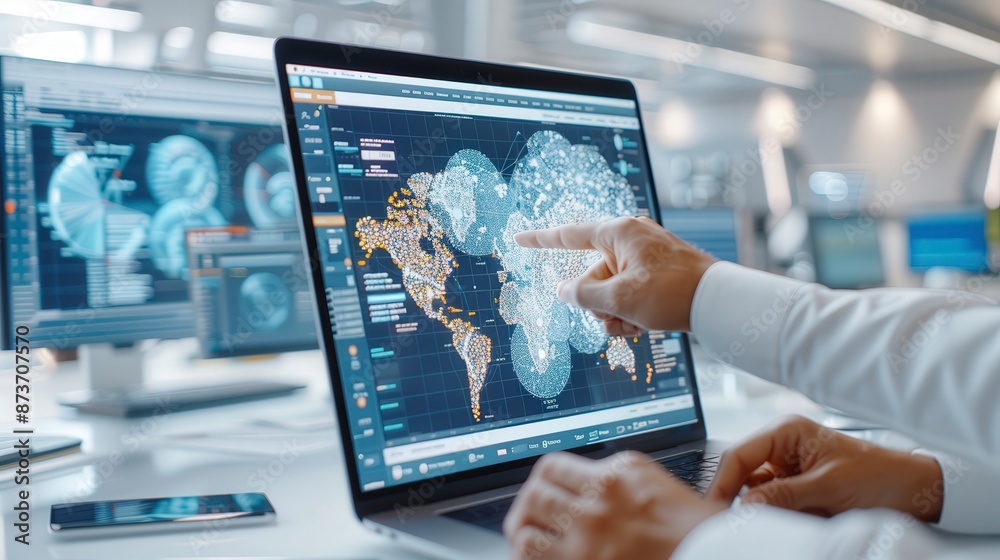 Person pointing at a world map on a laptop screen in a modern office, analyzing global data in a technologically advanced work environment. Person pointing at a world map on a laptop screen in a modern office, analyzing global data in a technologically advanced work environment.