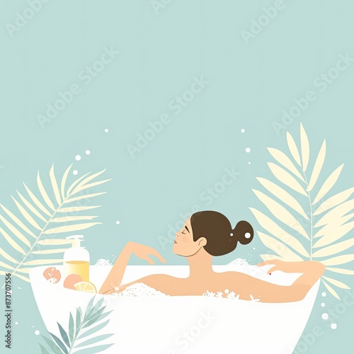 A woman is in a bathtub with a bottle of lotion and a bottle of soap. Concept of relaxation and self-care © peerasak