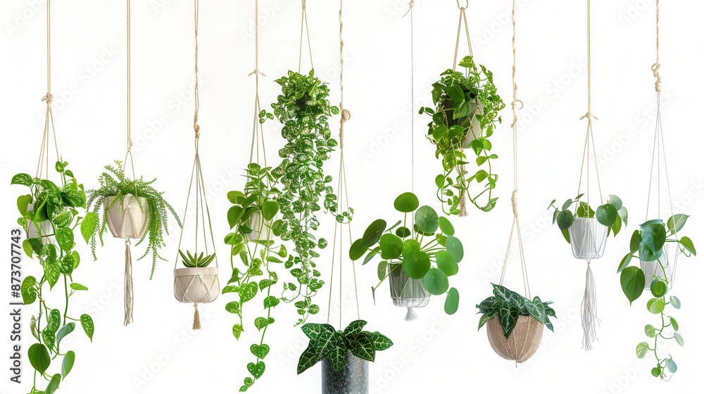 Fototapeta premium Macrame Hanging Plants on White Background