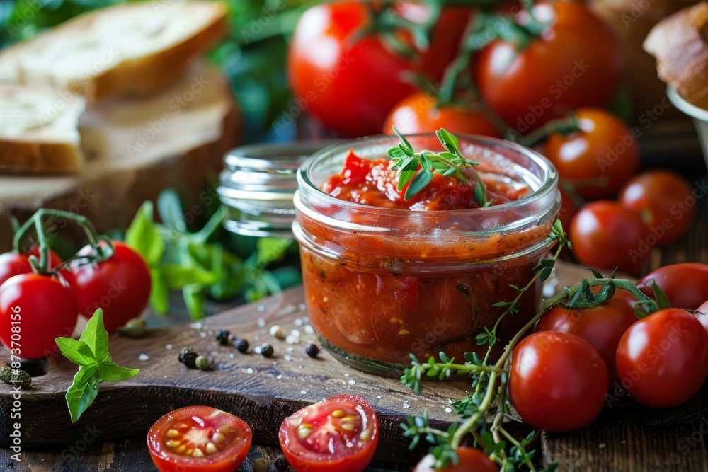 Freshly prepared tomato chutney with herbs served in a jar, surrounded by ripe tomatoes and bread Freshly prepared tomato chutney with herbs served in a jar, surrounded by ripe tomatoes and bread