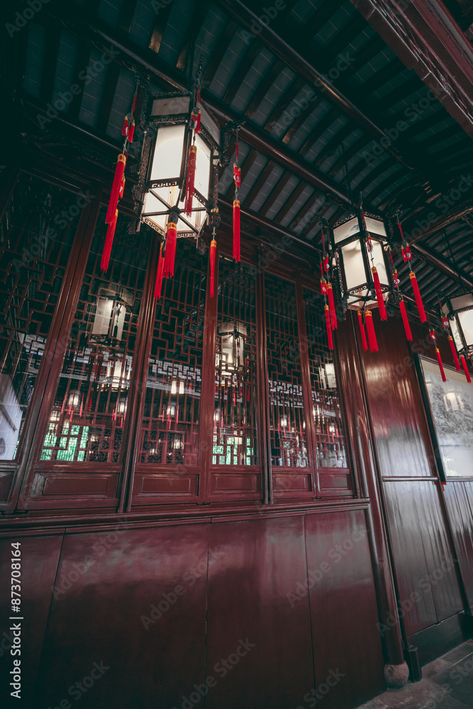 Close up detail of Chinese ancients building, garden environment and interior view. Close up detail of Chinese ancients building, garden environment and interior view.