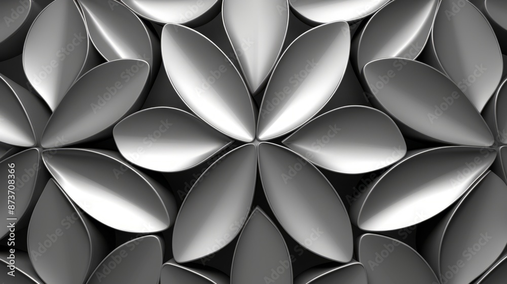 A close-up of a pattern of gray metallic petals that form a complex geometric design A close-up of a pattern of gray metallic petals that form a complex geometric design