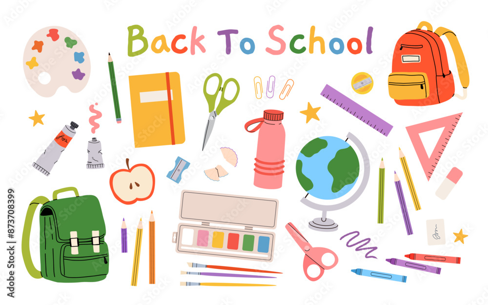Cute school stationery and Art Supplies big Set, cartoon style. Kawaii accessories for study, student equipment. Back to school. Trendy modern vector illustration isolated on white, hand drawn, flat Cute school stationery and Art Supplies big Set, cartoon style. Kawaii accessories for study, student equipment. Back to school. Trendy modern vector illustration isolated on white, hand drawn, flat
