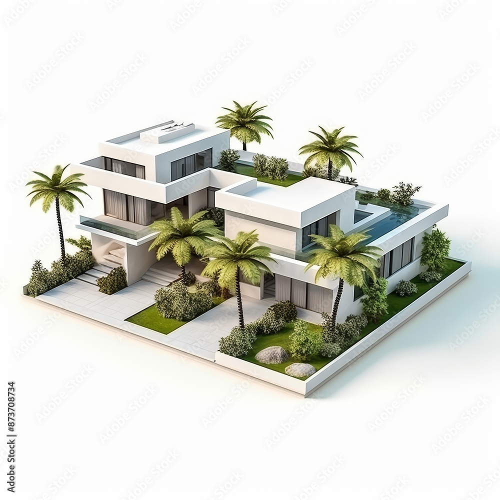 Fototapeta premium Modern luxury houses with innovative designs and green surroundings.