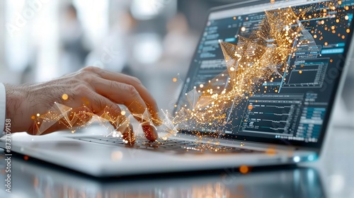 Hand typing on a laptop, illuminating digital data streams representing information technology and software development concepts.