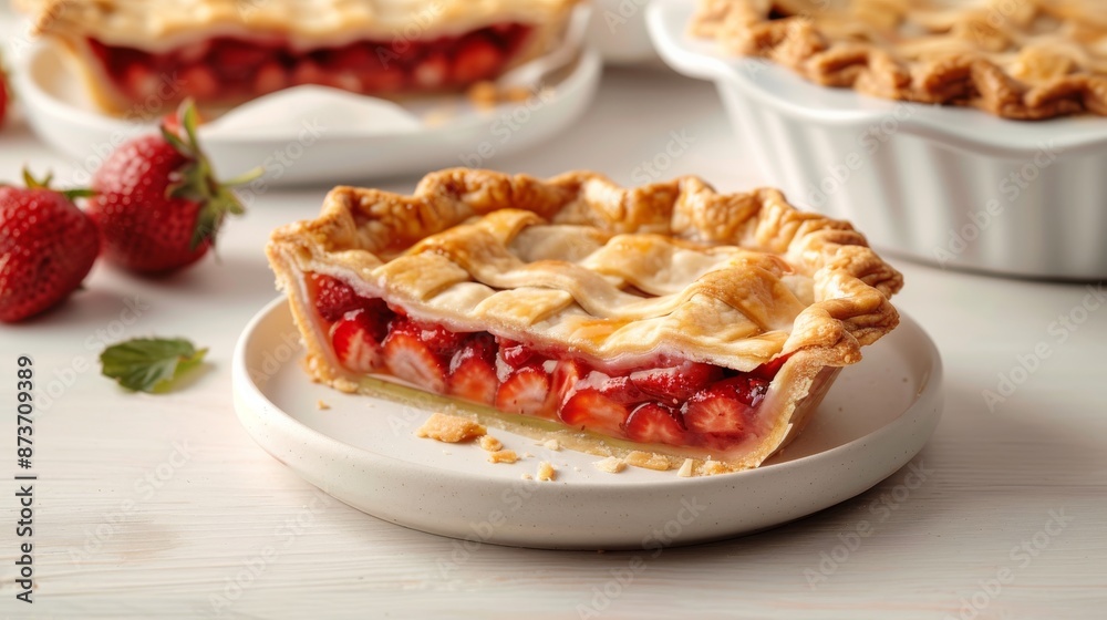 Delicious homemade strawberry pie slice on a white plate, with a whole pie and fresh strawberries in the background. Delicious homemade strawberry pie slice on a white plate, with a whole pie and fresh strawberries in the background.