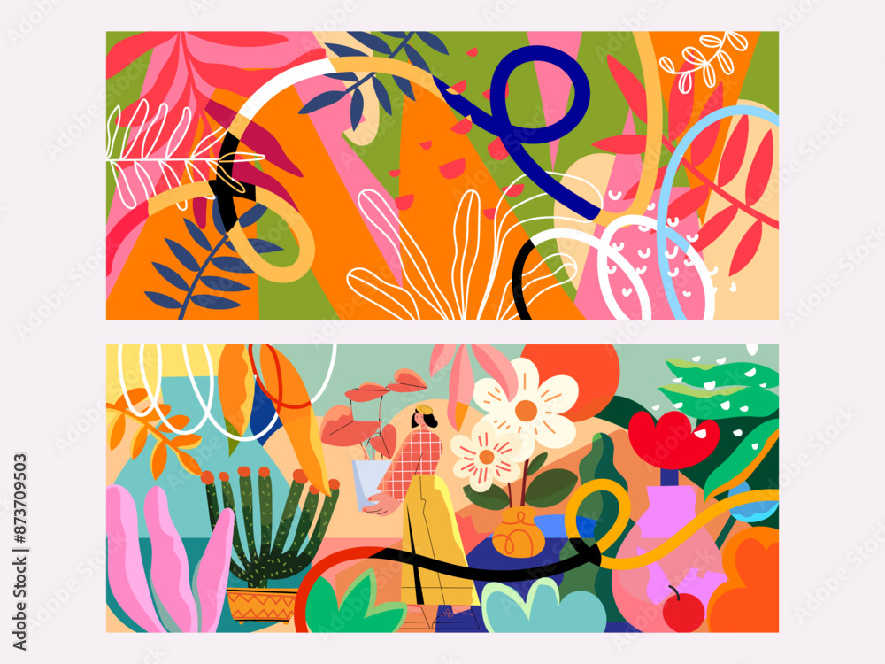 Fototapeta premium Set of beautiful abstract flowers and plants, geometric, doodle, line art colorful hand drawn vector illustration background. Floral and nature.