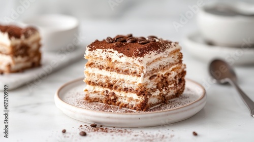 Wallpaper Mural Delicious slice of tiramisu dessert on a white plate with coffee beans and utensils in the background, perfect for culinary presentations. Torontodigital.ca