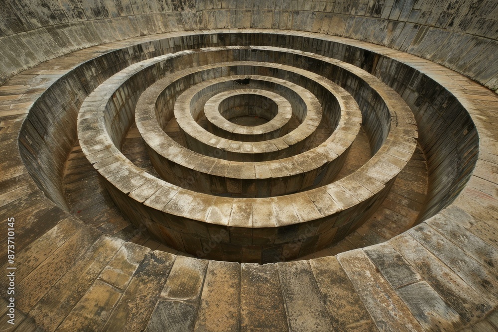 Circular stepwell architecture, a detailed look at an ancient and symmetrical architectural structure with intricate geometric patterns. Craftsmanship. And grandeur Circular stepwell architecture, a detailed look at an ancient and symmetrical architectural structure with intricate geometric patterns. Craftsmanship. And grandeur